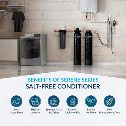 Aquasure Serene Lite 800K Gallons Whole House Salt-Free Water Conditioner/Descaler Bundle with Pleated Sediment Filter and GAC/KDF55 Treatment System for 1-3 Bathrooms | Removes 99% of Contaminants