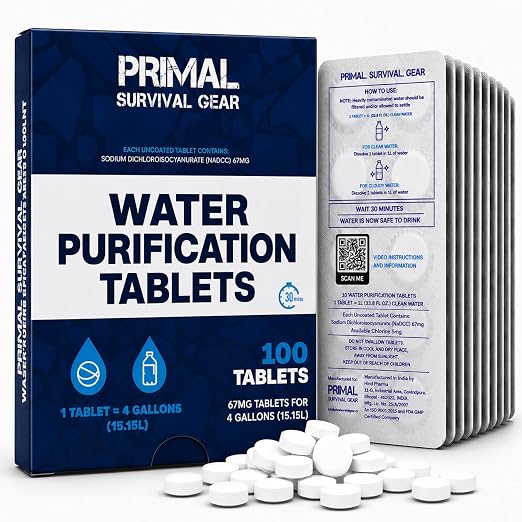 Water Purification Tablets- Water Purifier Tablets for Emergency Water - Hiking, Camping, Survival, Emergency – Drinking Water Filtration System Survival Tabs - Purificador De Agua - 100 Tablets - 4G