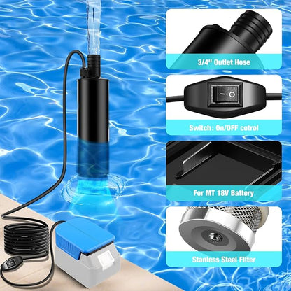 Water Transfer Pump Compatible with Makita 18V Battery, 635GPH 12V Submersible Water Pump with Sediment Filters, for Pool Draining, Garden, Pond, Deep Well (Tool Only)