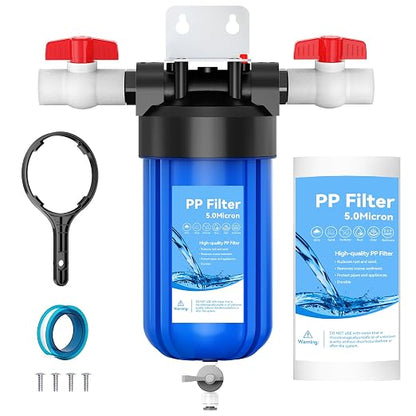Whole House 10"x4.5" Blue PP Sediment Pre-Filter Housing with Drain Valve | Filters sediment, rust & dirt; pre-filter for city & well water with drain valve, comes with 1 pack PP filter and 2 valves