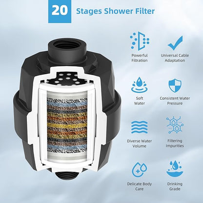 Hibbent All Metal Rain Filtered Shower Head, 12'' High Pressure Rainfall Showerhead with 16" Shower Extension Arm, 20 Stage Shower Filter, Solid Brass Adjustable Shower Arm Extender, Matte Black