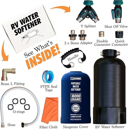 RV Water Softener Portable - 16,000 Grain, 3/4" GHT Fittings, Convenient Water Softener for RVs, Trailers, Boats, Mobile Car Washing, Pressure Washing