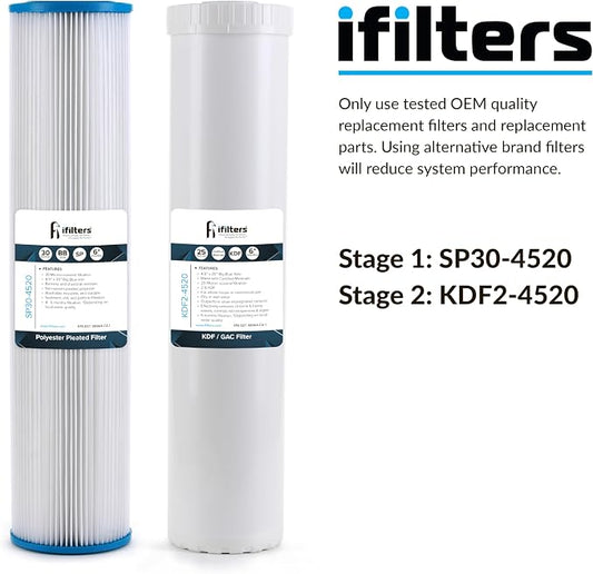 iFilters Whole House Sediment & GAC/KDF Replacement Water Filter Cartridge Set | 100% Compatible with 4.5”x20” Dual systems like MWH-D20-WELL & SP30-KDF2-4520