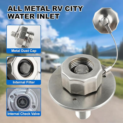 All Metal RV City Water Inlet With Check Valve - Durable Replacement Water Fill Connection for Camper, Motorhome, Trailer, Marine