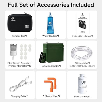 Motorized Portable Water Filter for Camping & Hiking, Electric Water Filtration System with 0.01μm UF Membrane, Compact Backpacking Water Purifier for Emergency Preparedness(Green)