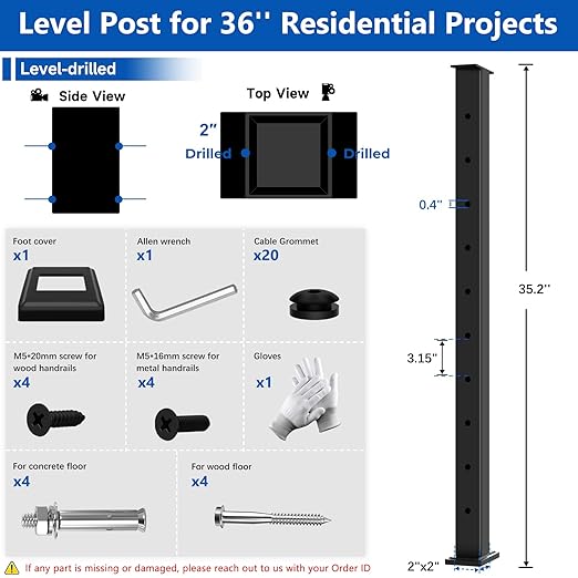 36" T304 Cable Railing Post(Post 35"x2"x2"), Level Drilled Railing Post with Cable Grommets, Modular Fixed Top Mount Cable Handrail Post, Stainless Steel Black Finish Indoor Outdoor Deck Post