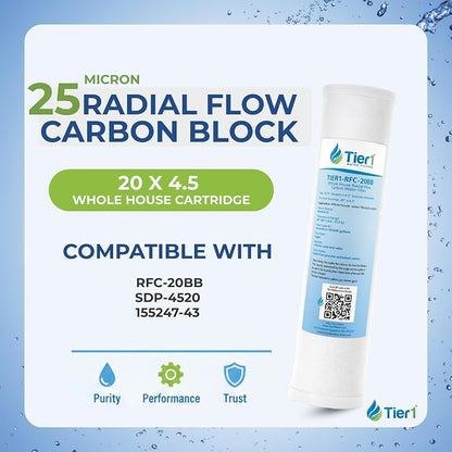 Tier1 25 Micron 20 x 4.5 Water Filter | Whole House Radial Flow Carbon Cartridge | Granular Activated Pre-Filter | Replacement for Pentek RFC-20BB, SDP-4520, RFC20-BB | 4.5 x 20 Water Filter (3pk)