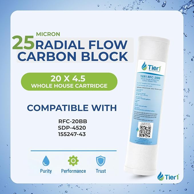 Tier1 25 Micron 20 x 4.5 Water Filter | Whole House Radial Flow Carbon Filter Cartridge | Granular Activated Pre-Filter | Replacement for Pentek RFC-20BB, SDP-4520, RFC20-BB | 4.5 x 20 Water Filter