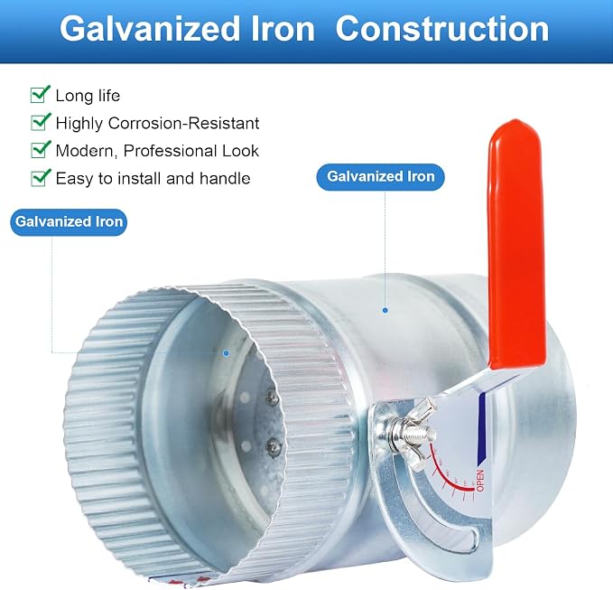 TOP-VIGOR 8 Inch HVAC Duct Manual Volume Backdraft Damper, Galvanized Iron Airflow Control for HVAC, Range Hoods, Fans, Pellet Stove Pipes, Dryer Vents, Adjustable Volume Damper with Sleeve (1 Pc)
