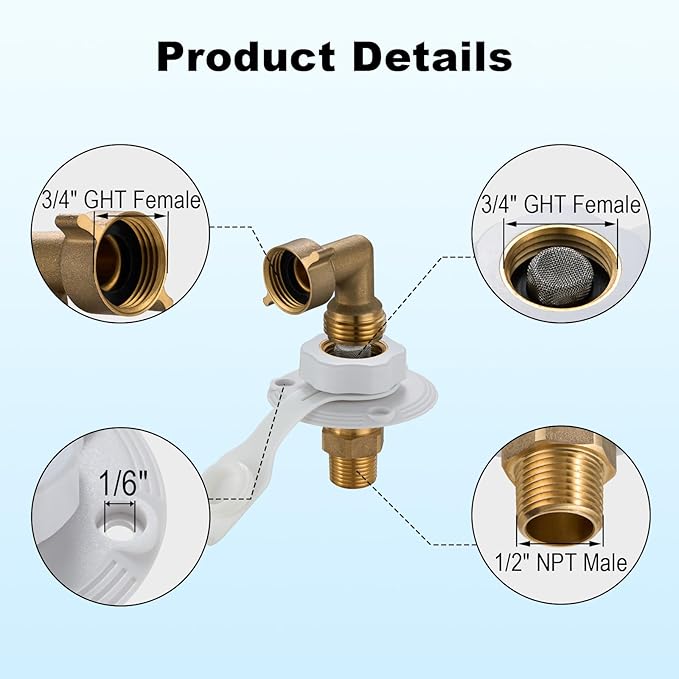 TOPSHINE RV City Water Inlet with Check Valve, RV Water Fill Inlet Replacement, 3/4 GHT Female to 1/2 NPT Male, Lead-Free Brass, City Water Connection for RV Camper Motorhome Trailer with Hose Elbow