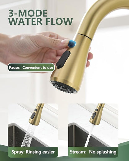 Gold Kitchen Faucet, Brass Kitchen Faucet with Pull Down Sprayer, Single Hole Stainless Steel Brushed Gold Faucet for 3 Hole Kitchen Sink Gooseneck for Commercial Modern Camper RV Farmhouse Bar Sink