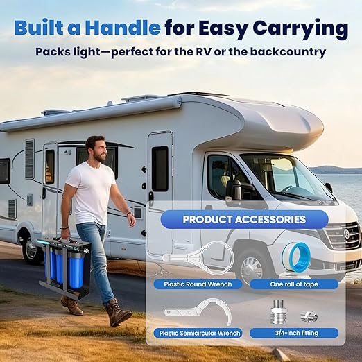 RV Water Filter System, 5-Stage RV Water Filtration System for Campers, 0.1 Micron Water Filter, 3/4'' Brass Hose Quick Connectors, Removes Sediments,Chlorine,Heavy Metals, Odors for Clean Water