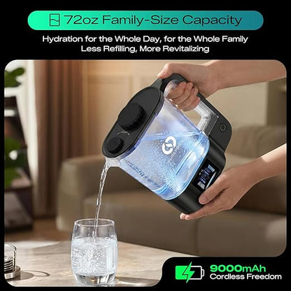 PUREPEBRIX Desktop Hydrogen Water Pitcher - 72oz Large Hydrogen Water Bottle Generator - 3000 PPB SPE/PEM Machine - 9000mAh - Ideal Wellness Gift for Family & Home (Black)