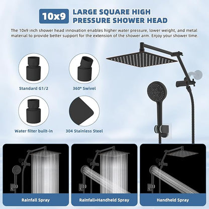 All Metal Rain Shower Head, 10” High Pressure Rainfall Shower Head with Handheld Spray, 10-Mode Powerful Cleaning Handheld Showerhead, 16" Stainless Steel Adjustable Extension Arm, Oil Rubbed Bronze