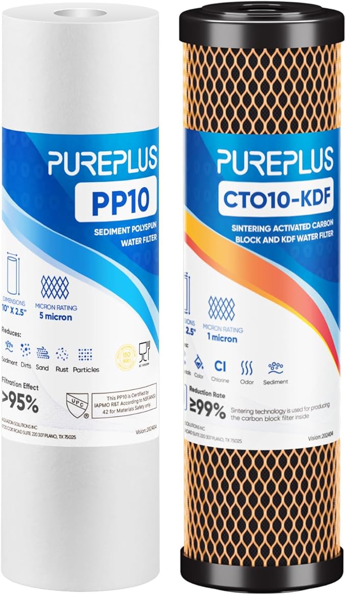 PUREPLUS 10" x 2.5" RV Water Filter Replacement Combo Pack - 1 Micron KDF Carbon Block + 5 Micron Sediment Filters, 2 Pack for RV, Camper, Boat