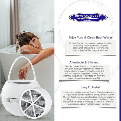 Crystal Quest Bath Ball Filter for Tub Faucet, Bathtub Water Filter, BPA-Free Bathtub Filter, Removes Chlorine, Lead & Impurities, Improves Skin, Hair & Nails, with Extra Cartridge - White