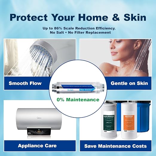 Salt-Free Water Softener, Water Descaler Whole House System, Physical Scale Inhibitor for Hard Water, Preserves Minerals, 3/4" NPT Inline Filter for Pipes, Heaters & Appliances