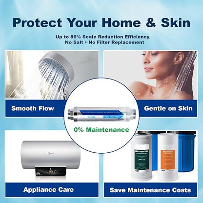 Salt-Free Water Softener, Water Descaler Whole House System, Physical Scale Inhibitor for Hard Water, Preserves Minerals, 3/4" NPT Inline Filter for Pipes, Heaters & Appliances