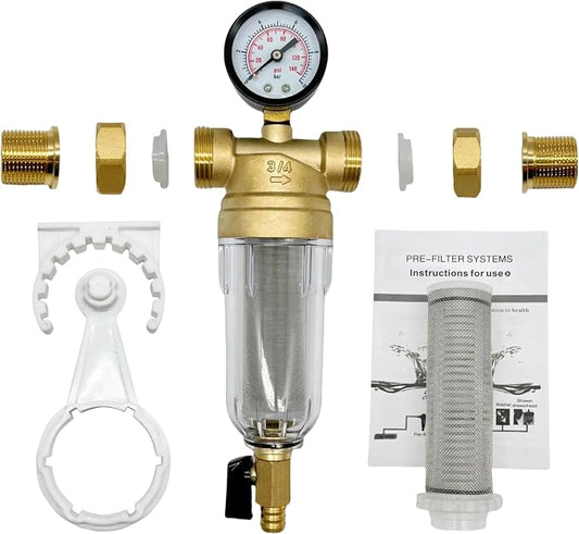 Spin Down Sediment Water Filter System with Pressure Gauge, 50&100 Micron Stainless Steel filter Mesh Pre-Filter for City/Well Water, 1" MNPT & 3/4" FNPT/MNPT Ports, Easy Backwash Cleaning