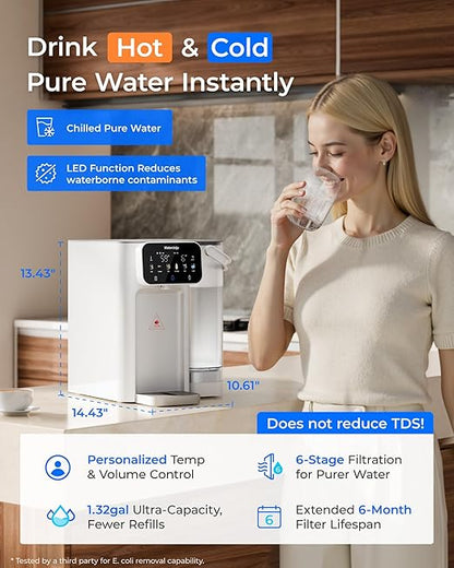 Waterdrop CT01 Countertop Water Filter System, Hot and Cold Water Dispenser with 6-Stage Filtration[𝐍𝐎𝐓 𝐑𝐎], 5 Temperature Options, Upgraded Product for Water Boiler, Touchscreen, White