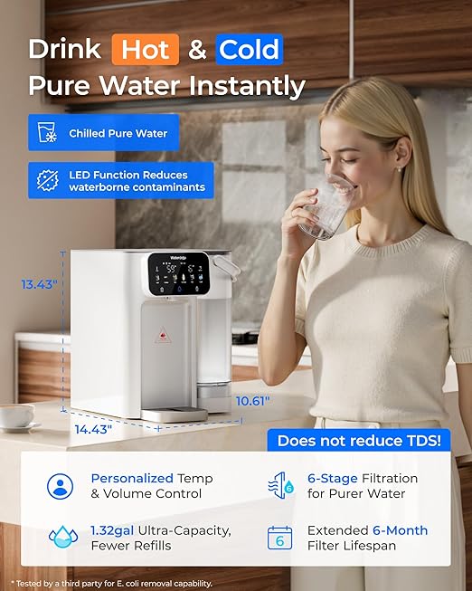 Waterdrop CT01 Countertop Water Filter System, Hot and Cold Water Dispenser with 6-Stage Filtration[𝐍𝐎𝐓 𝐑𝐎], 5 Temperature Options, Upgraded Product for Water Boiler, Touchscreen, White