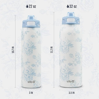 Ello Pop & Fill 22oz Stainless Steel Water Bottle with QuickFill Technology, Double Walled and Vacuum Insulated Metal, Leak Proof Locking Lid, Straw and Chug, Reusable, BPA Free, Porcelain Rose