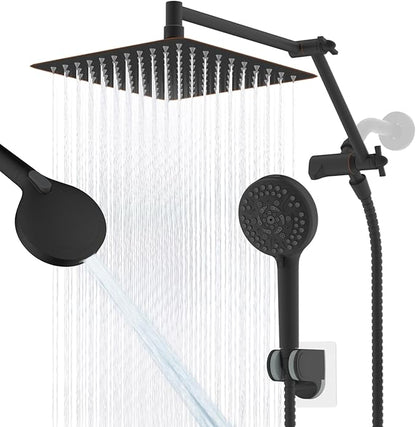 All Metal Rain Shower Head, 10” High Pressure Rainfall Shower Head with Handheld Spray, 10-Mode Powerful Cleaning Handheld Showerhead, 16" Stainless Steel Adjustable Extension Arm, Oil Rubbed Bronze
