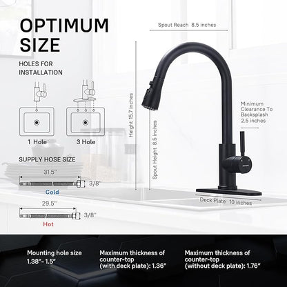 WEWE Black Kitchen Faucet, Leak Proof Kitchen Faucets with Pull Down Sprayer Commercial Stainless Steel Single Handle Single Hole Kitchen Sink Faucet for Farmhouse Camper Laundry Rv Bar
