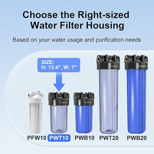 PWT10 Whole House Water Filter Housing, Fits 10” x 4.5” Big Blue Filters, Inline Pre-Filtration System for RV, Home Well and City Water Sediment etc with 1" NPT Port, Pressure Relief Valve