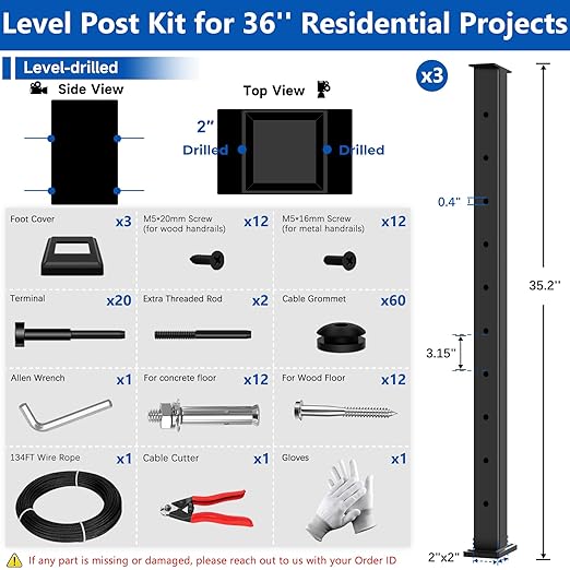36" Modular 8-12FT Black T304 Cable Railing Post Kit, Complete Cable Railing System with 3 Level Posts & 134ft 1/8" Wire Rope(No Handrail), Adjustable Length Easy DIY for Decks/Porch