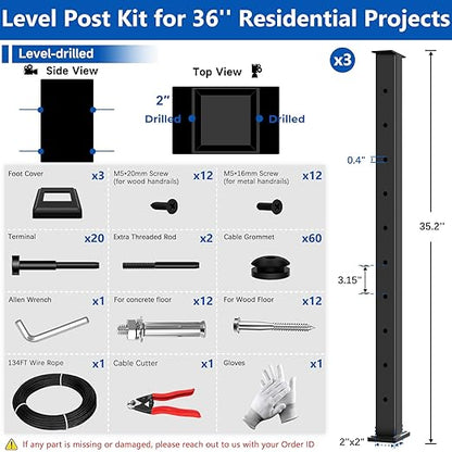 36" Modular 8-12FT Black T304 Cable Railing Post Kit, Complete Cable Railing System with 3 Level Posts & 134ft 1/8" Wire Rope(No Handrail), Adjustable Length Easy DIY for Decks/Porch