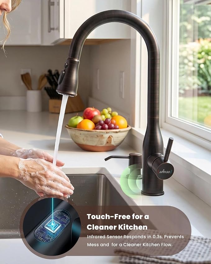 APPASO Oil Rubbed Bronze Touchless Kitchen Faucet with Soap Dispenser | cUPC Lead-Free Hoses Motion Sensor Hands Free Vintage Sink Faucets Pull Down Sprayer 3 Modes for 1-4 Hole Farmhouse RV Sink