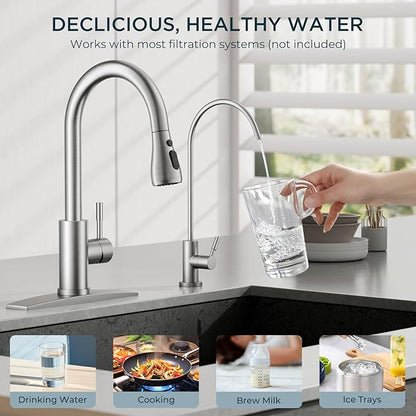 FORIOUS Kitchen Faucet and Water Filter Faucet Combo, Brushed Nickel Stainless Steel Bar Faucet Pull Down Sprayer and Drinking Purifier Faucet Set for Kitchen Sink RV Farmhouse Camper