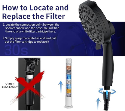Filtered Shower Head with Handheld - 9 Spray Modes High Pressure Handheld Shower with Filter Spray Combo, Magnetic Shower Heads, With 60-Inch Long Hose（Matte black）