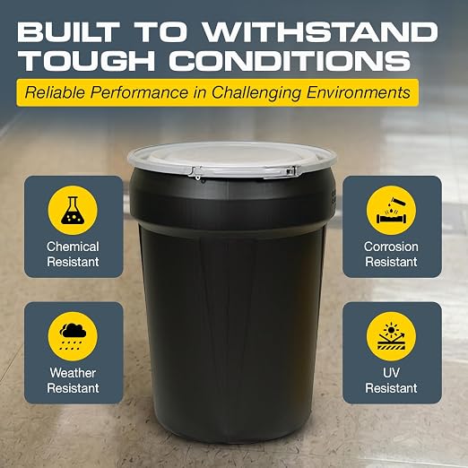 Eagle Plastic Drum, 30 Gallon Drum, DOT Compliant, Made in USA, Black | High-Density-Polyethylene Construction, Open Head Lab Pack Drum, Metal Lever-Lock Lid, Hazardous Material Storage, Transport
