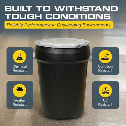 Eagle Plastic Drum, 30 Gallon Drum, DOT Compliant, Made in USA, Black | High-Density-Polyethylene Construction, Open Head Lab Pack Drum, Metal Lever-Lock Lid, Hazardous Material Storage, Transport