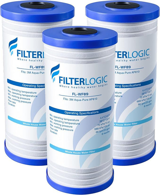 Filterlogic AP810 Whole House Water Filter, Replacement for 3M® Aqua-Pure AP810, AP801, AP811, Whirlpool® WHKF-GD25BB, WHKF-DWHBB, 5 Micron, 10" x 4.5", Well & Tap Water Filter, Pack of 3