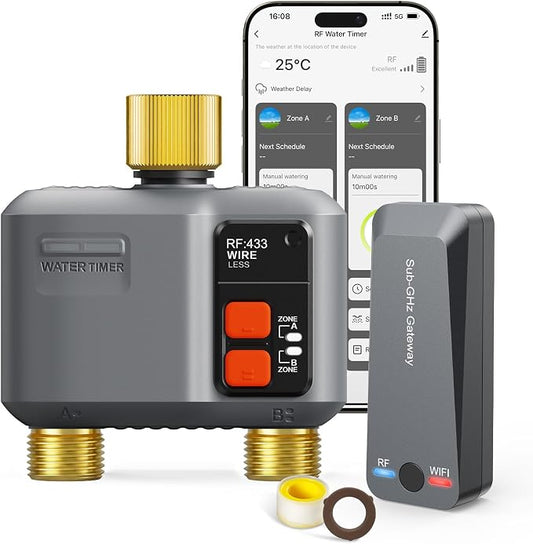 WiFi Sprinkler Timer 2 Zone with 984 Feet RF Gateway/Brass Inlet & Outlet, 2 Outlet Smart Water Timer for Garden Hose with Rain Delay/Manual/Automatic,WiFi Water Hose Timers for Garden & Lawns