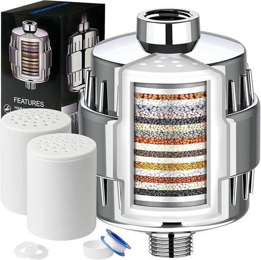 Shower Filter, 20 Stage Shower Head Filter for Hard Water with 2 Cartridges, High Output Shower Water Filter to Remove Chlorine, Fluoride and Other Impurities, Improves Skin Condition, Protects Hair