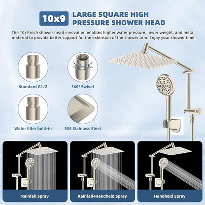 All Metal Rain Shower Head, 10” High Pressure Rainfall Shower Head with Handheld, 5" Large Handheld Showerhead Powerul Wash 10-Spray, 16" Shower Extension Arm Adjustable Height/Angle, Brushed Nickel
