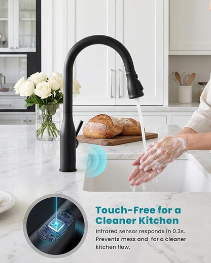 APPASO Matte Black Kitchen Faucet Touchless with Sensor and Soap Dispenser | cUPC-Certified Lead-Free Hoses Hands Free Activated Motion Sink Faucets with Pull Down Sprayer 3 Modes for 1 to 4 Hole Sink
