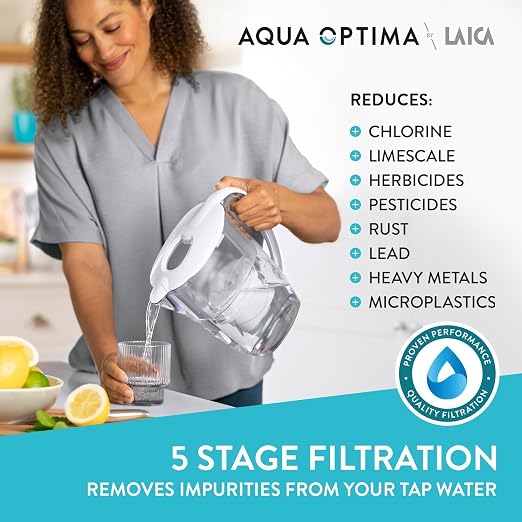 Aqua Optima Liscia Water Filter Jug & 1 x 30 Day Evolve+ Filter Cartridge, 2.5 Litre Capacity, for Reduction of Microplastics, Chlorine, Limescale and Impurities, White (Packing May Vary)