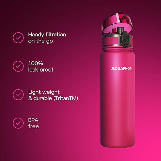 AQUAPHOR City Water Filter Bottle 500 ml | Portable Filtered Water Bottle with Integrated Water Purifier | BPA-Free | Reusable Bottle with Water Filter for Camping, Travel & Outdoor Use | Pink