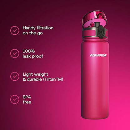 AQUAPHOR City Water Filter Bottle 500 ml | Portable Filtered Water Bottle with Integrated Water Purifier | BPA-Free | Reusable Bottle with Water Filter for Camping, Travel & Outdoor Use | Pink