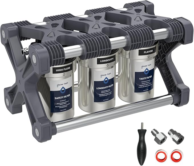 GLACIER FRESH GFRVWP03 3-Stage RV Water Filtration System | 0.2 Micron Camper Water Filter with Compact 5 Inch Filter, 3-stage filtration System for RVs, Campers and Boats