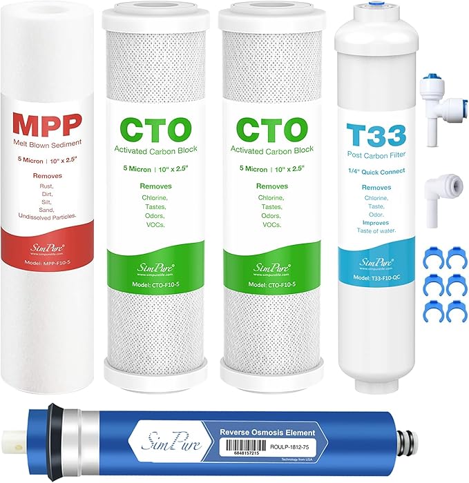 SimPure 75 GPD Revers Osmosis Water Filter Replacement Set, Compatible with APEC ESSENCE Series ROES-PH75, RO Filters Replacement for Most 10" Under-Sink Water Filter System Stage 1-5