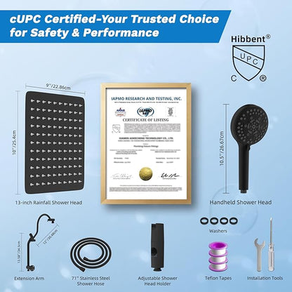 Hibbent cUPC Certified All Metal 10" Rainfall Showerhead Combo, High Pressure Shower Head with 10-Spray Mode Handheld, Innovative 4-way Diverter with Pause Mode, 71'' Shower Hose and Holder, Black