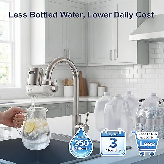 ANGEL CF30 Water Filter for Sink Faucet, Faucet Mount Water Filtration System, Reduces 98% Chlorine, Lead & Rust, SGS Tested, Easy Install, 350 Gallons Long-Lasting for Kitchen & Bathroom (Rose Gold)