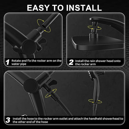 Rain Shower Head with Handheld High Pressure rainfall Shower Heads with Handheld Spray Combo Adjustable one-piece stand daul shower head Built-in Magnetic Docking and Power Jets-Black