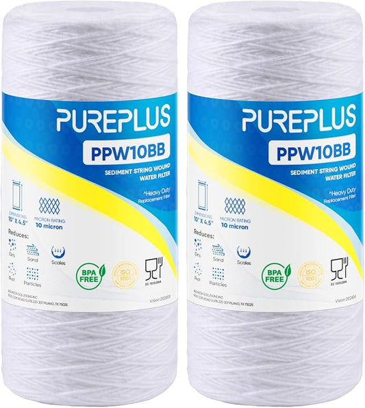 PUREPLUS 10 Micron 10 x 4.5 Whole House String Wound Sediment Filter for Well Water, Replacement Cartridge for 84637, WPX5BB97P, PC10, CW5-BBS, 355215-45, 2Pack